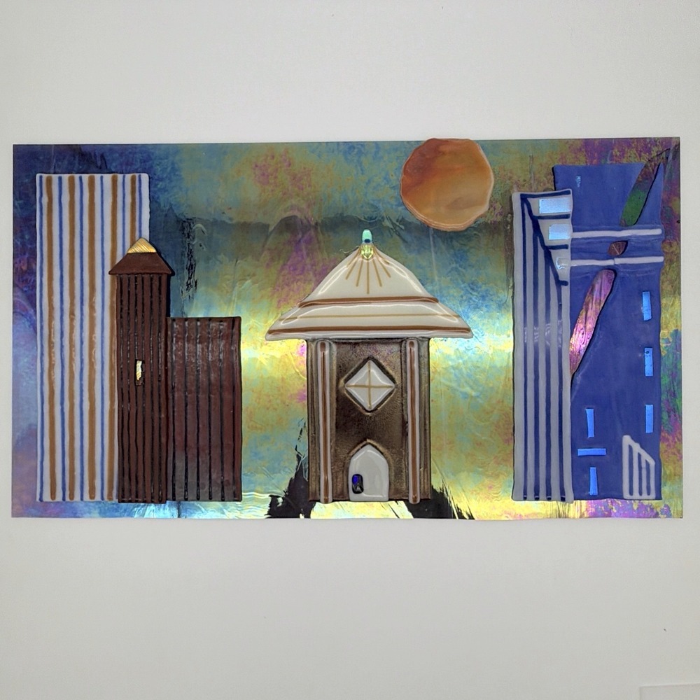 Fused Glass Mosaic Wall Art Abstract Landscape Sun Building Iridescent